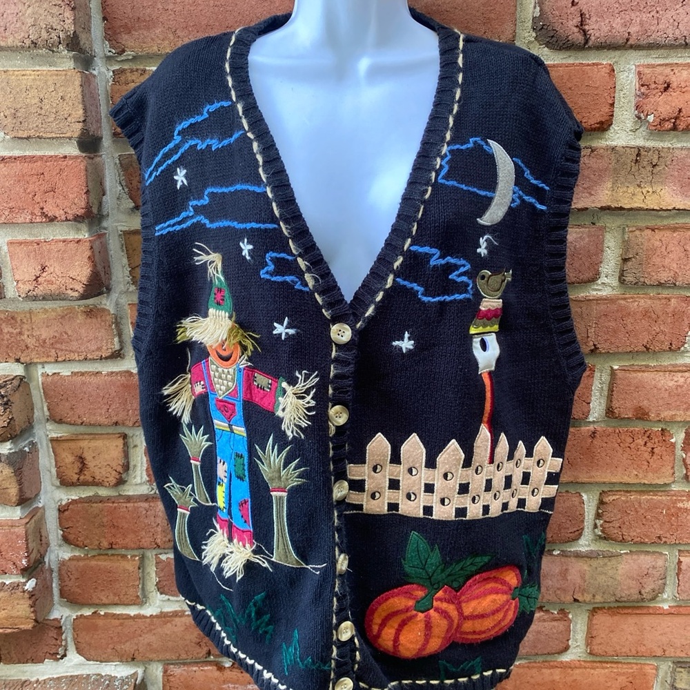 Bobbie Brooks Women’s Fall Ugly Sweater Vest Pumpkin Scarecrow Raven Bird 18/20